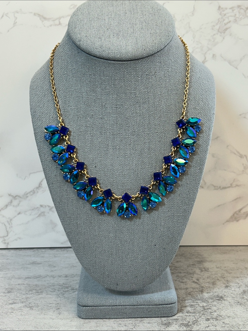 J. Crew Gold Necklace with Blue and Teal Crystal Accents